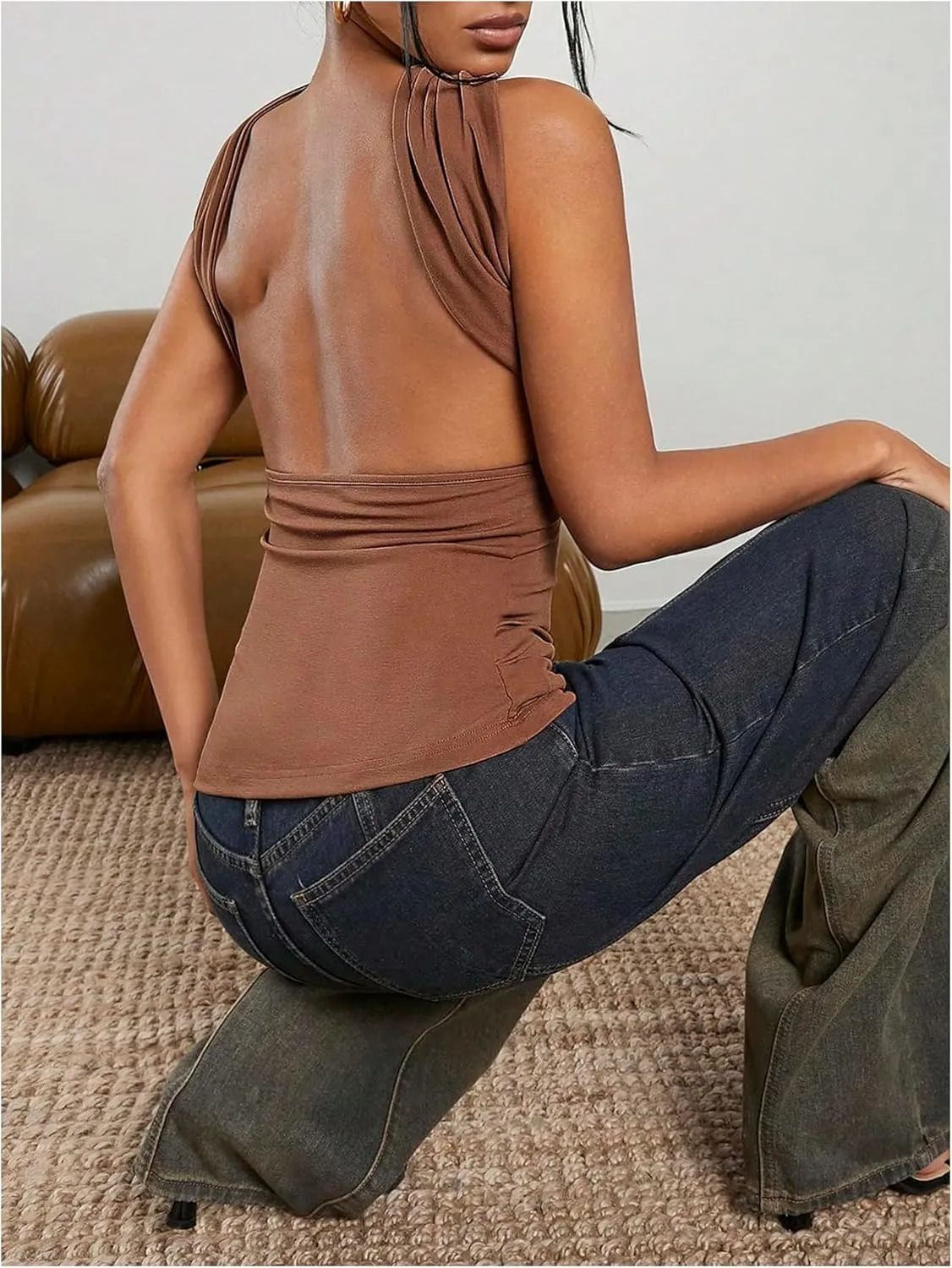 Milumia Women Ruched Strapless Halter Tube Top Open Back Slim Fit Bandeau Shirts