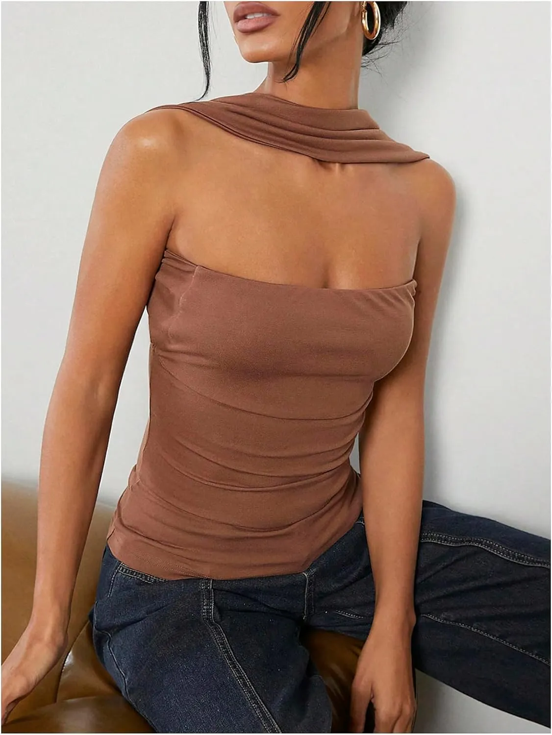 Milumia Women Ruched Strapless Halter Tube Top Open Back Slim Fit Bandeau Shirts