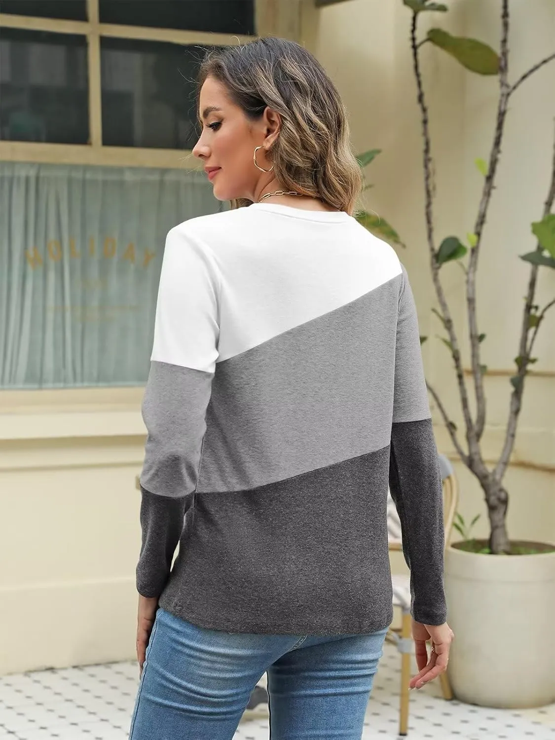Minetom Women's Color Block Tops Casual Long Sleeve Tunic Round Neck Pullover Shirts
