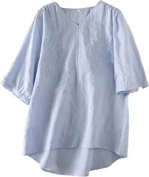 Minibee Women's Linen Embroidery Blouse V-neck Tunic Elbow Sleeve Shirts Tops