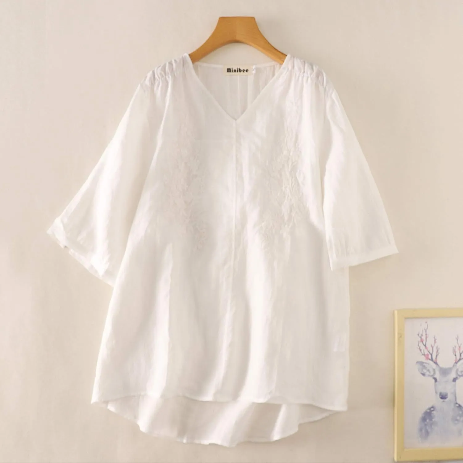 Minibee Women's Linen Embroidery Blouse V-neck Tunic Elbow Sleeve Shirts Tops