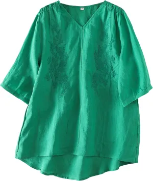 Minibee Women's Linen Embroidery Blouse V-neck Tunic Elbow Sleeve Shirts Tops