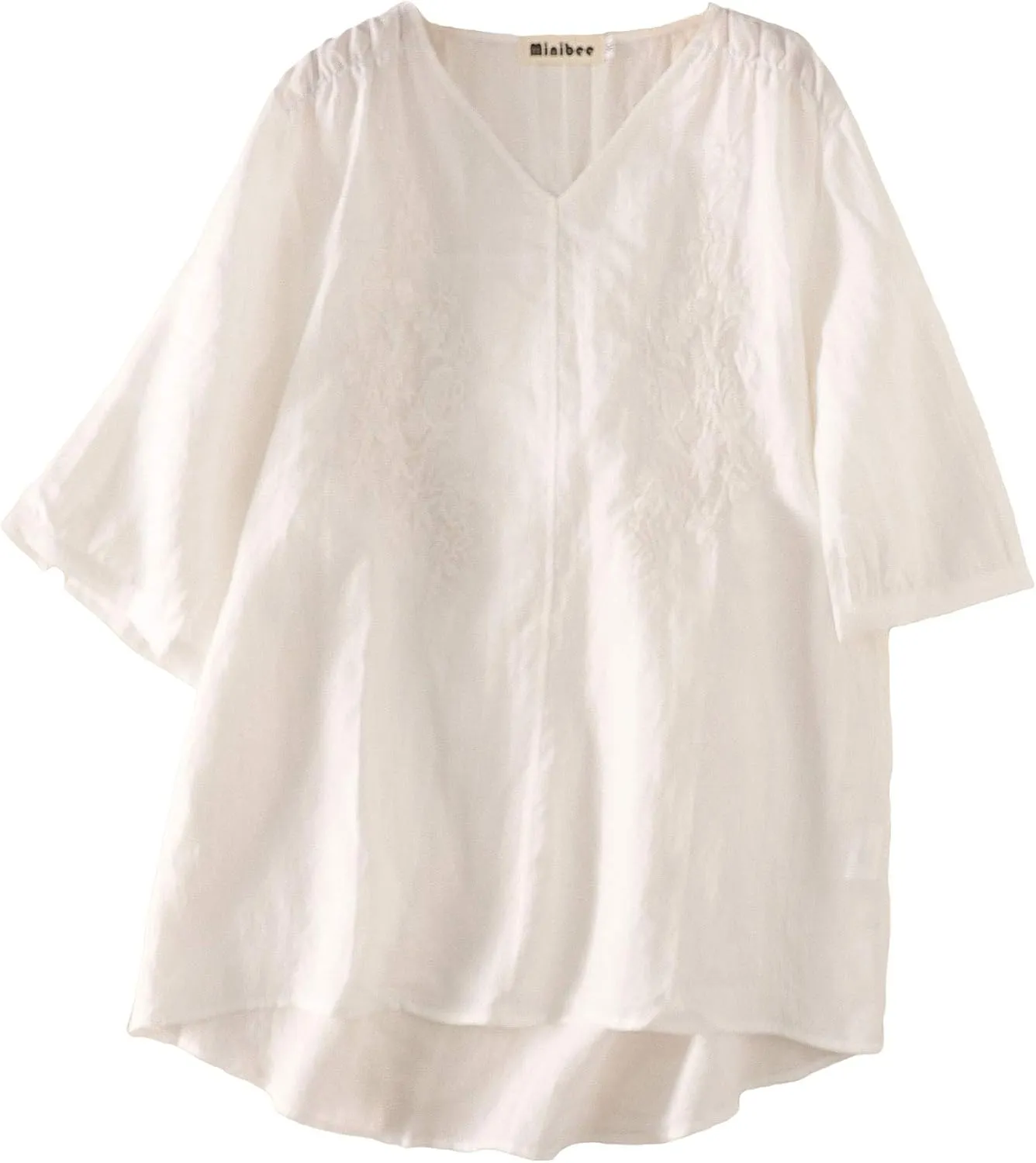 Minibee Women's Linen Embroidery Blouse V-neck Tunic Elbow Sleeve Shirts Tops