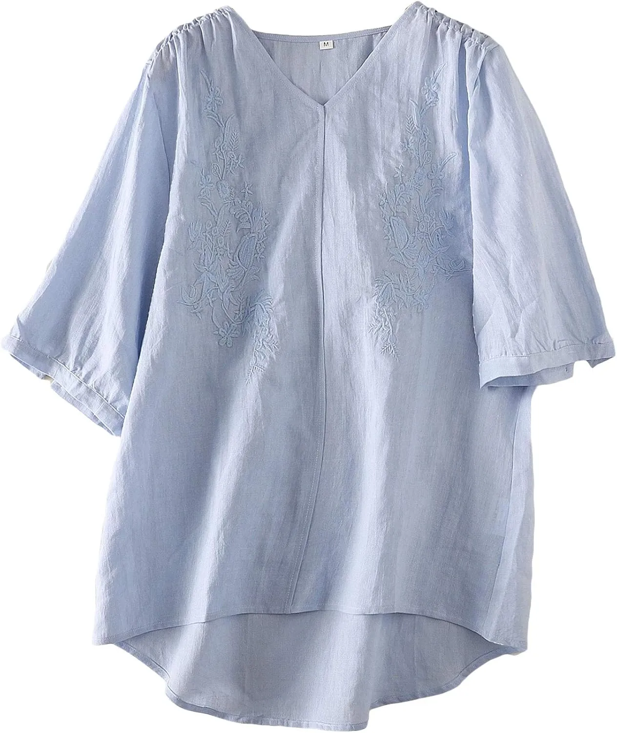 Minibee Women's Linen Embroidery Blouse V-neck Tunic Elbow Sleeve Shirts Tops