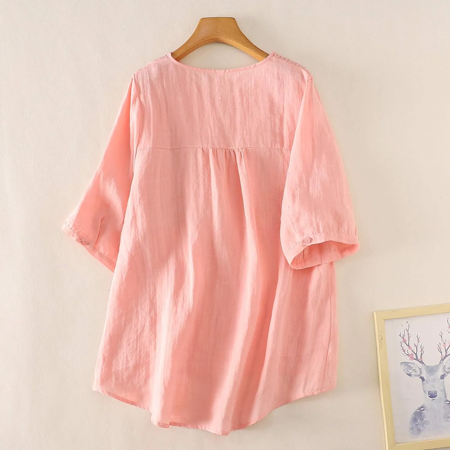 Minibee Women's Linen Embroidery Blouse V-neck Tunic Elbow Sleeve Shirts Tops