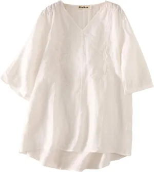 Minibee Women's Linen Embroidery Blouse V-neck Tunic Elbow Sleeve Shirts Tops
