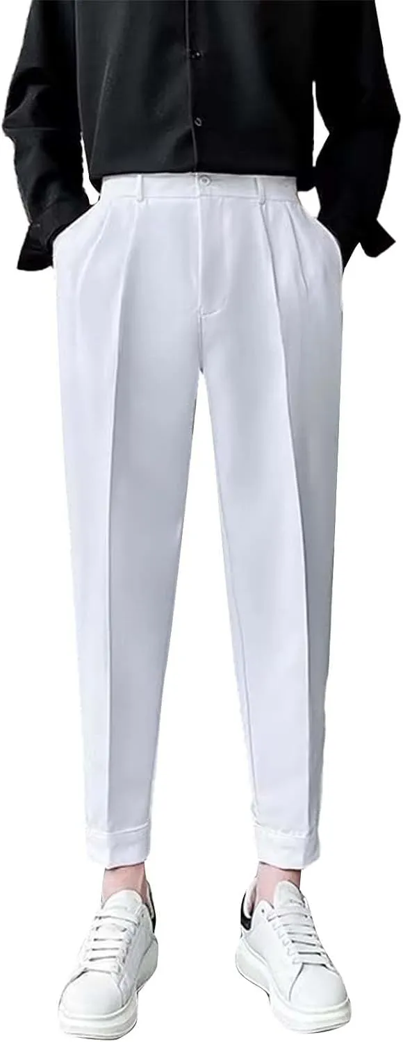 Miyaomn Trendy Pleated Flat Front Dress Pants for Men Tapered Slim Fit Solid Straight Leg Casual Pull-On Trousers with Pocket