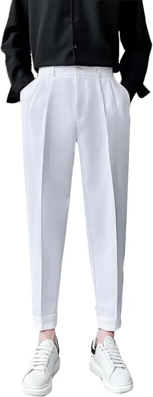 Miyaomn Trendy Pleated Flat Front Dress Pants for Men Tapered Slim Fit Solid Straight Leg Casual Pull-On Trousers with Pocket
