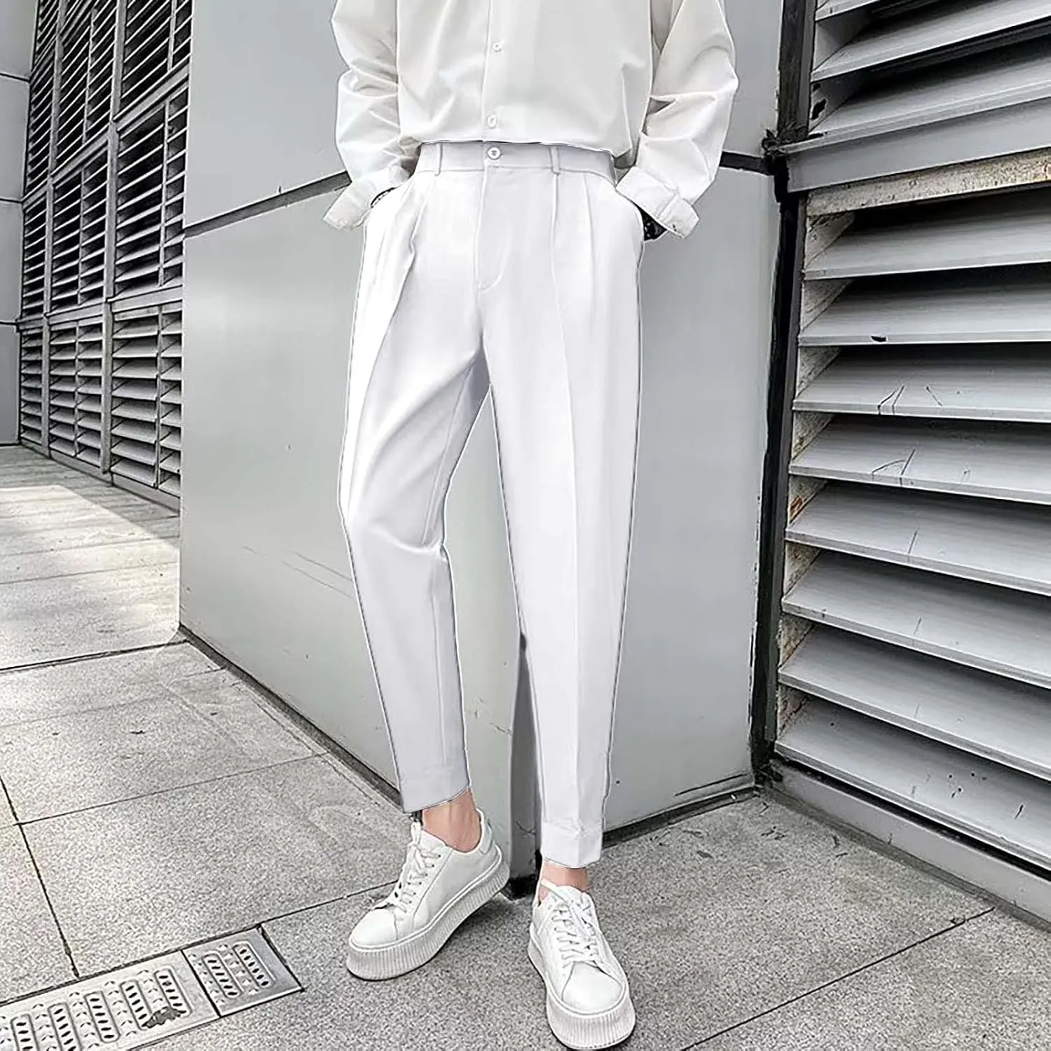 Miyaomn Trendy Pleated Flat Front Dress Pants for Men Tapered Slim Fit Solid Straight Leg Casual Pull-On Trousers with Pocket