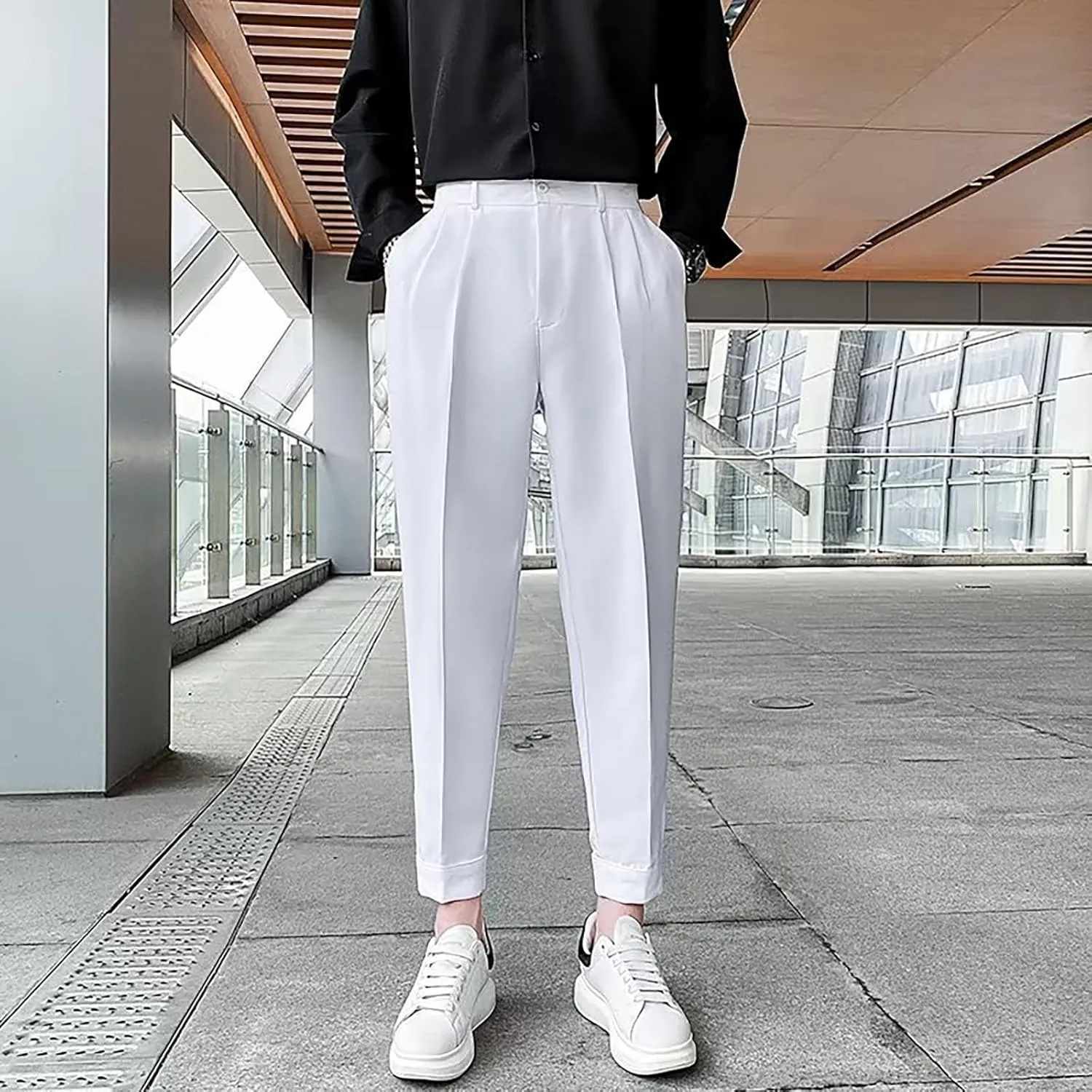 Miyaomn Trendy Pleated Flat Front Dress Pants for Men Tapered Slim Fit Solid Straight Leg Casual Pull-On Trousers with Pocket