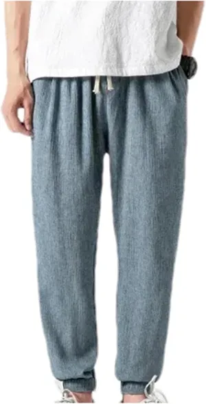 Mnjyihy Men's Summer Cotton Linen Harem Pants Casual Loose Elastic Waist Drawstring Jogging Trousers
