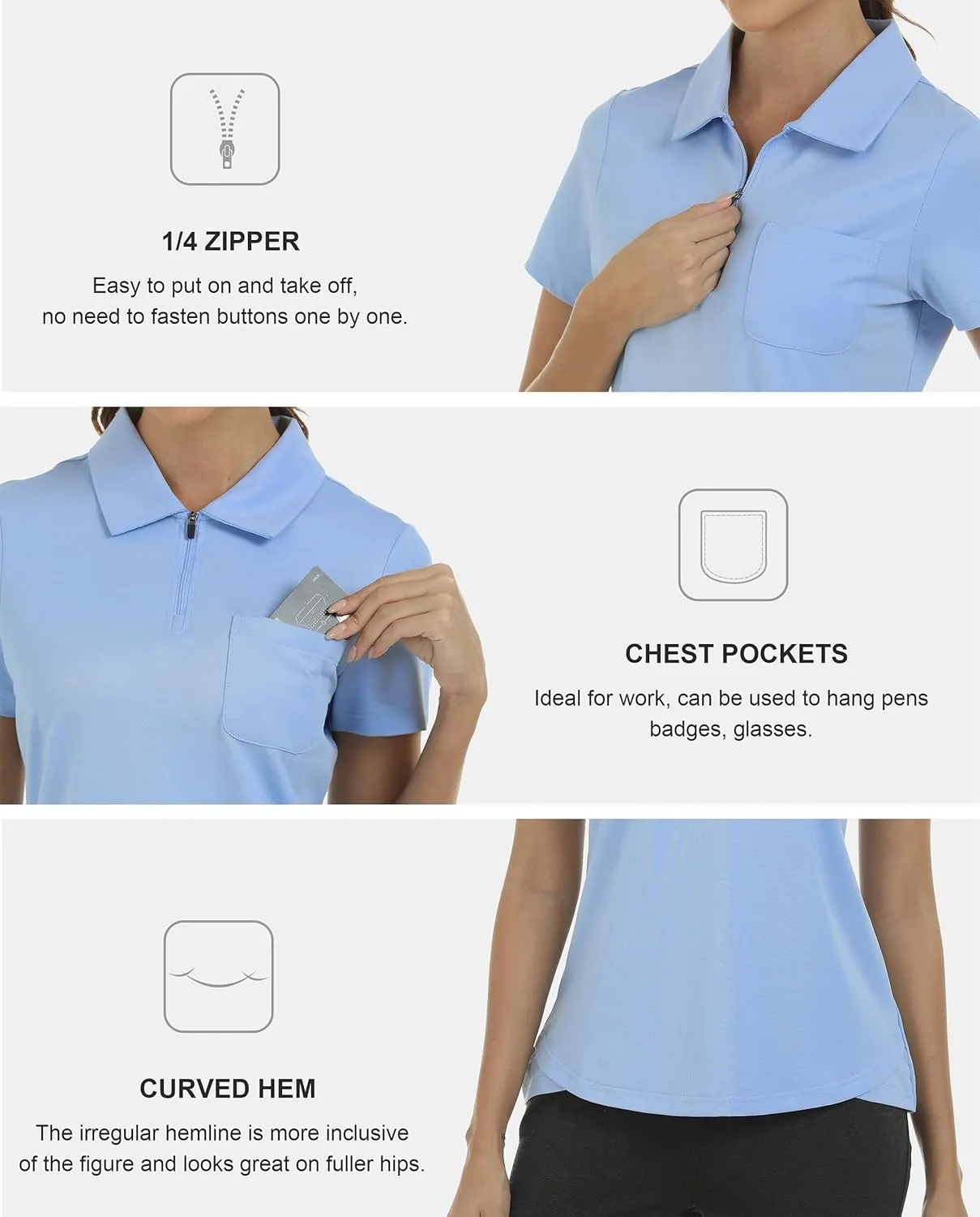 MoFiz Womens Zip up Golf Polo Shirt Short Sleeve Workout Golf Top Moisture Wicking Lightweight Tennis Shirts