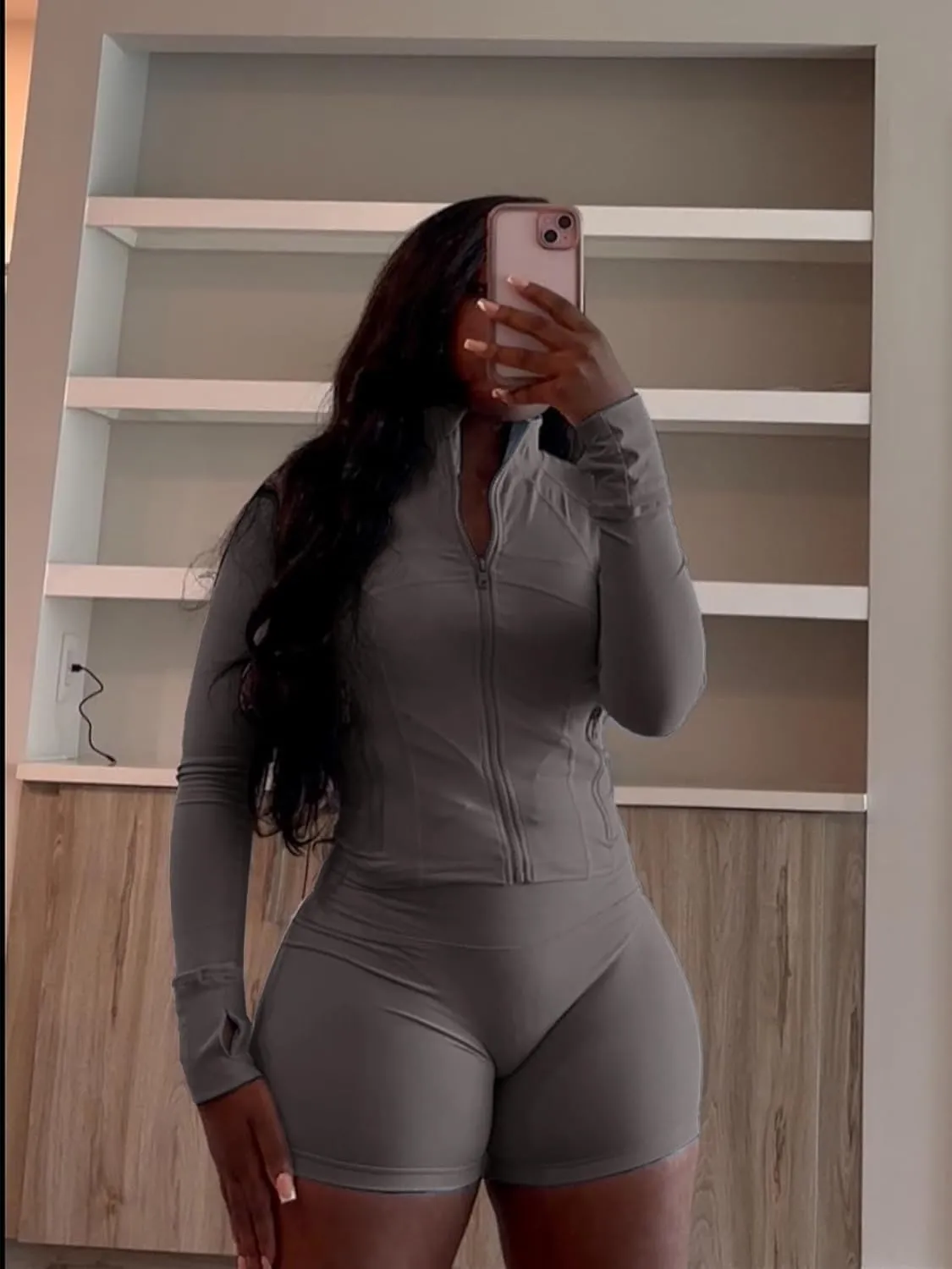 Molilove Womens 2 Piece Outfits Lounge Sweatsuit Set Long Sleeve Zipper Crop Jacket and Shorts Tracksuits Workout Set