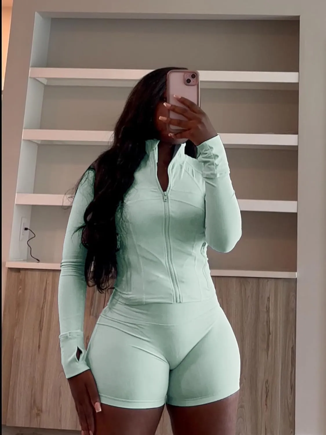 Molilove Womens 2 Piece Outfits Lounge Sweatsuit Set Long Sleeve Zipper Crop Jacket and Shorts Tracksuits Workout Set