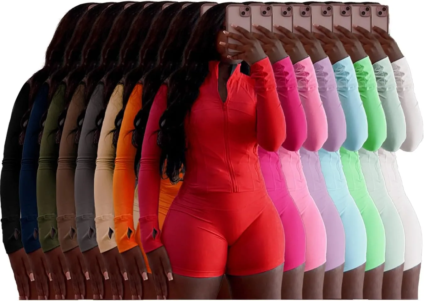 Molilove Womens 2 Piece Outfits Lounge Sweatsuit Set Long Sleeve Zipper Crop Jacket and Shorts Tracksuits Workout Set