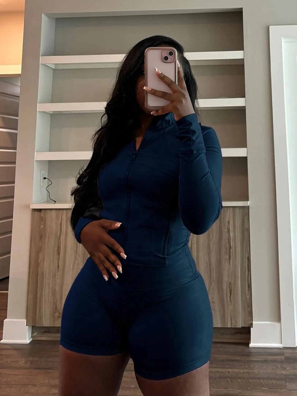 Molilove Womens 2 Piece Outfits Lounge Sweatsuit Set Long Sleeve Zipper Crop Jacket and Shorts Tracksuits Workout Set