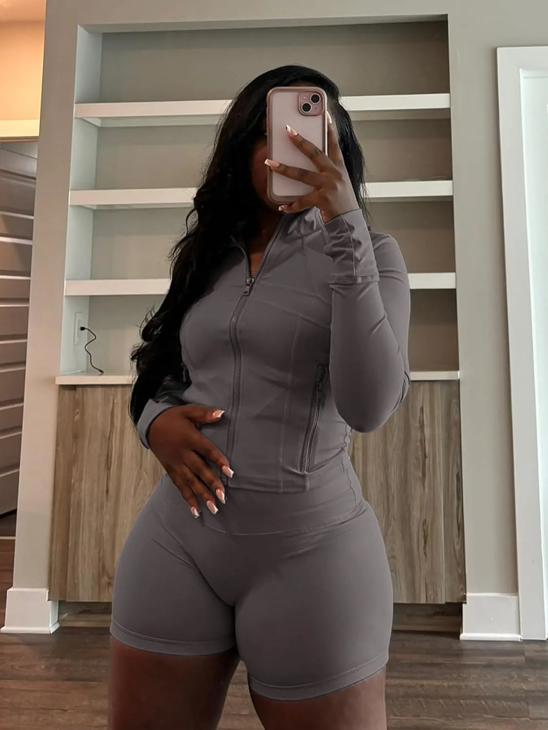 Molilove Womens 2 Piece Outfits Lounge Sweatsuit Set Long Sleeve Zipper Crop Jacket and Shorts Tracksuits Workout Set