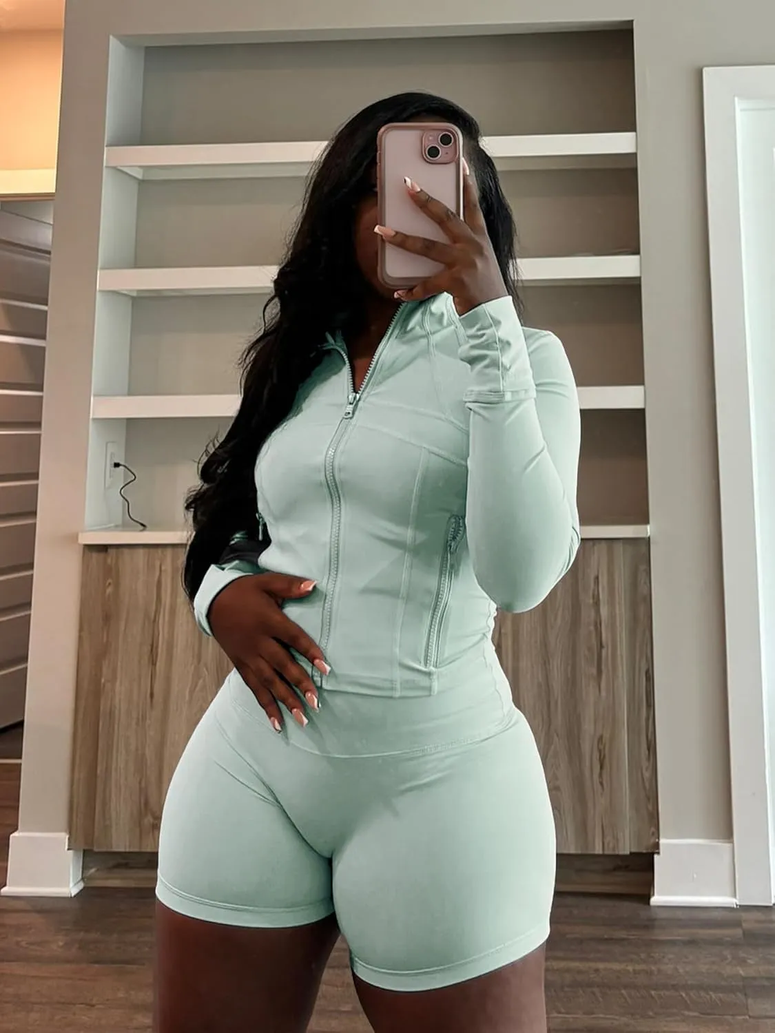 Molilove Womens 2 Piece Outfits Lounge Sweatsuit Set Long Sleeve Zipper Crop Jacket and Shorts Tracksuits Workout Set