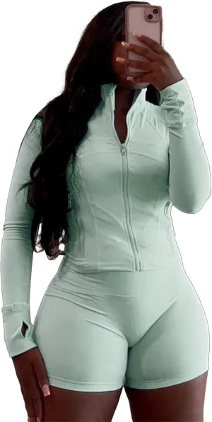 Molilove Womens 2 Piece Outfits Lounge Sweatsuit Set Long Sleeve Zipper Crop Jacket and Shorts Tracksuits Workout Set