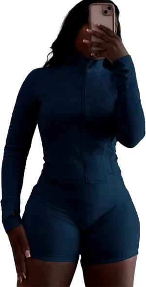Molilove Womens 2 Piece Outfits Lounge Sweatsuit Set Long Sleeve Zipper Crop Jacket and Shorts Tracksuits Workout Set
