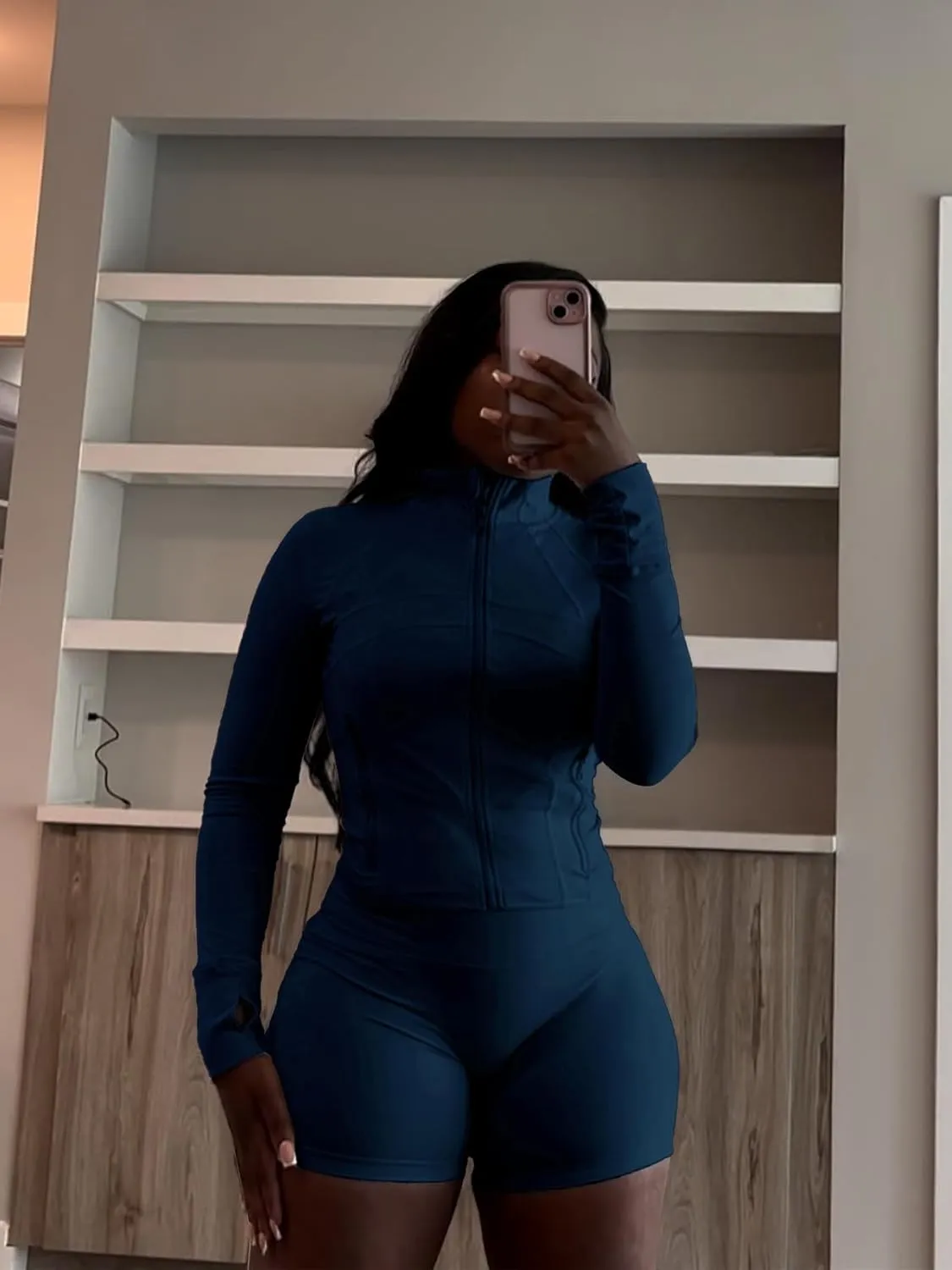 Molilove Womens 2 Piece Outfits Lounge Sweatsuit Set Long Sleeve Zipper Crop Jacket and Shorts Tracksuits Workout Set