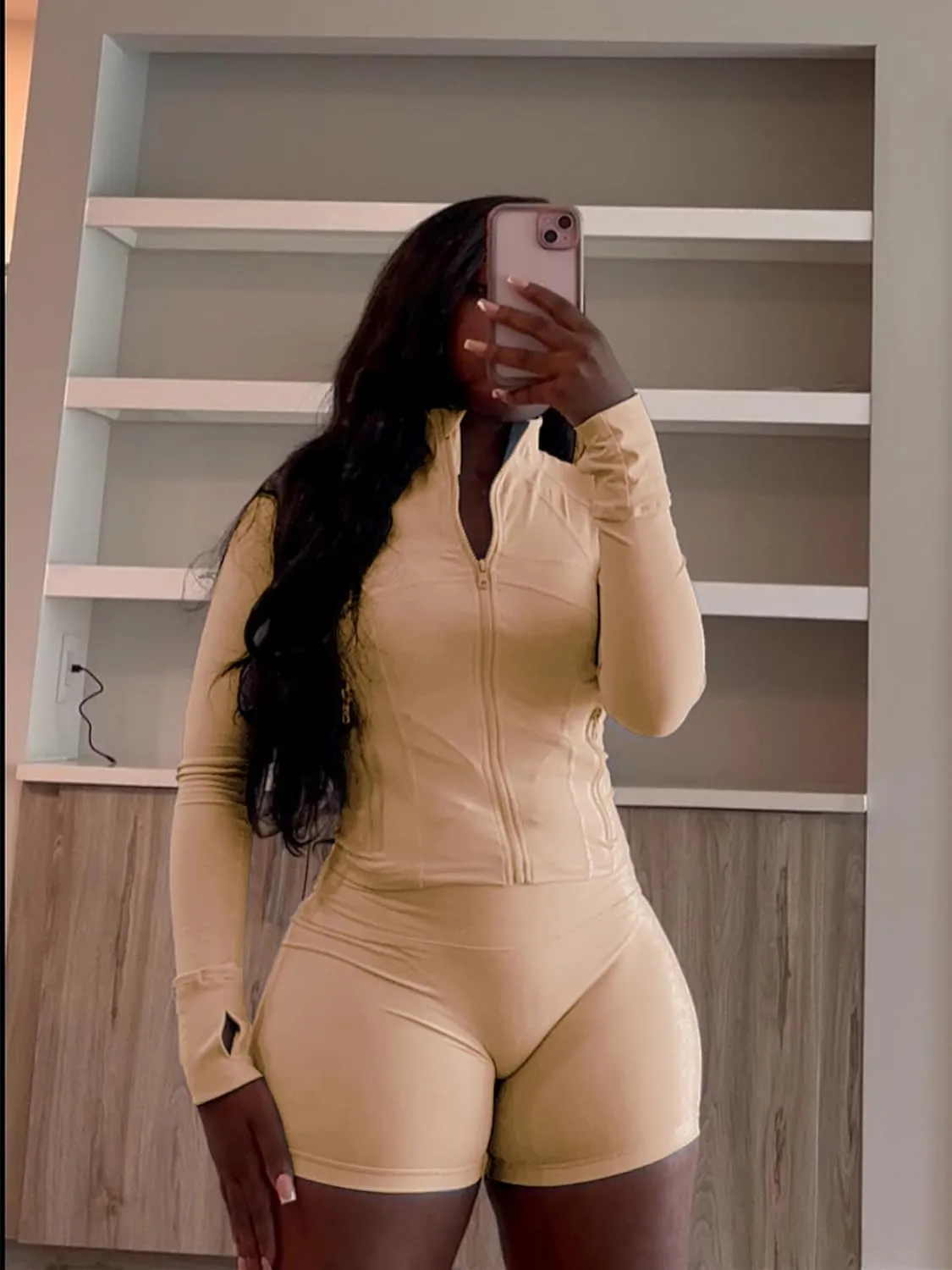 Molilove Womens 2 Piece Outfits Lounge Sweatsuit Set Long Sleeve Zipper Crop Jacket and Shorts Tracksuits Workout Set
