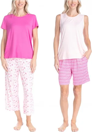 MUK LUKS All Mixed Up 4 Piece Pajama Set, T-Shirt, Tank Top, Sleep Shorts and Capris