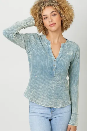 Mystree Washed Thermal Henley Tee In Washed Blue