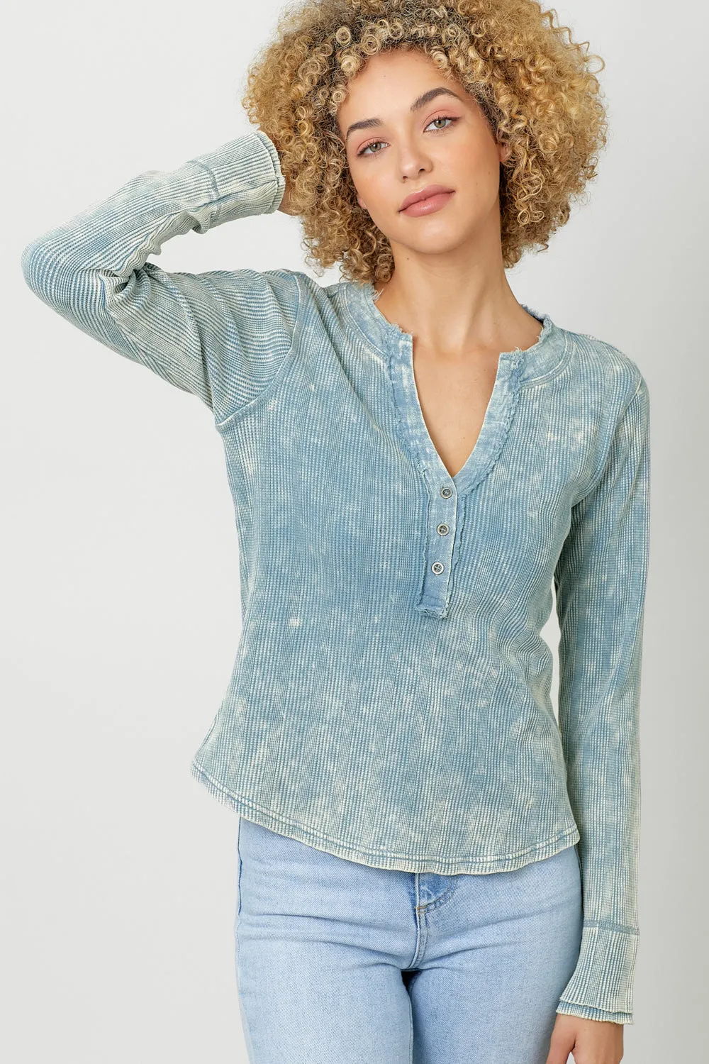 Mystree Washed Thermal Henley Tee In Washed Blue
