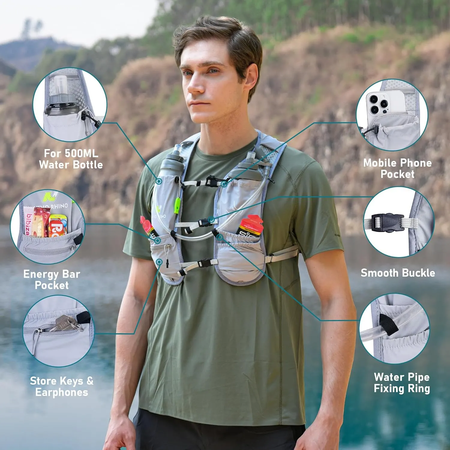 N NEVO RHINO Running Vest, Hydration Running Water Vest 5L with 1.5L Water Bladder Bag, Lightweight Hydration Pack Water Backpack Multi-Pocket for Hiking Race Trail Marathon for Women Men