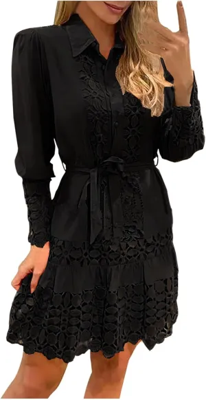 NaRHbrg Women Casual Spring Summer Dresses Long Sleeve Mini Dress Hollow Out Eyelet Embroidery Ruffle A Line Swing Dresses