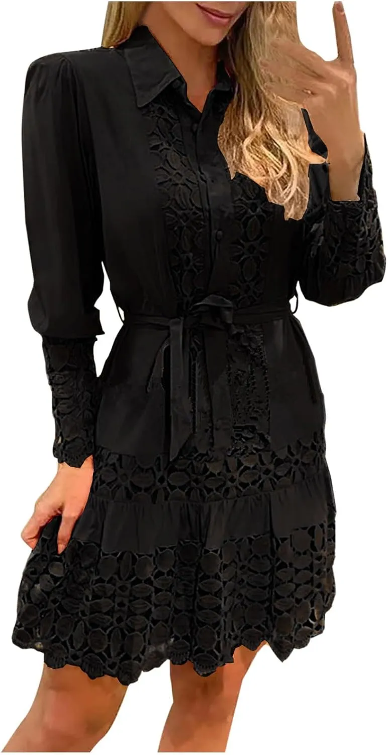 NaRHbrg Women Casual Spring Summer Dresses Long Sleeve Mini Dress Hollow Out Eyelet Embroidery Ruffle A Line Swing Dresses