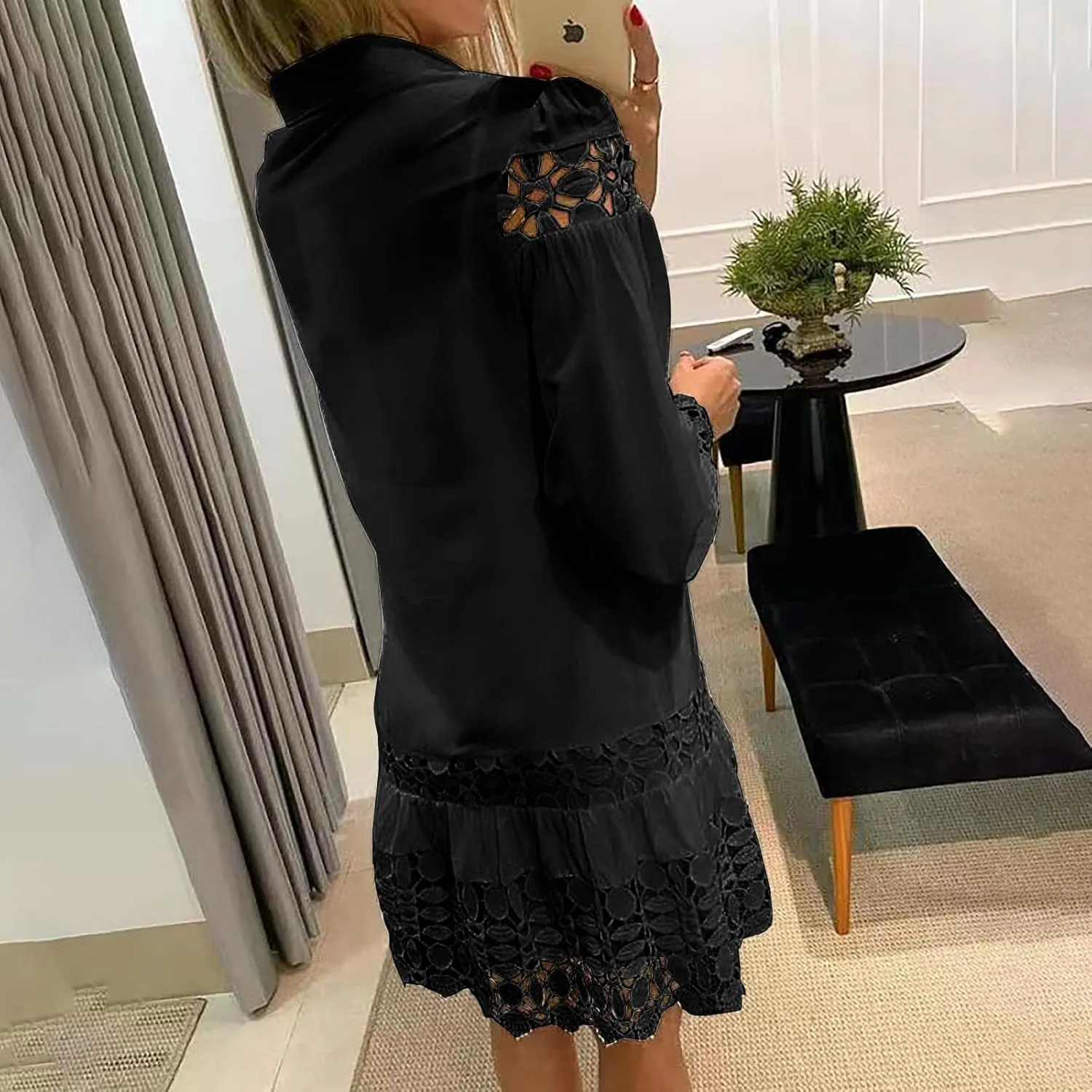 NaRHbrg Women Casual Spring Summer Dresses Long Sleeve Mini Dress Hollow Out Eyelet Embroidery Ruffle A Line Swing Dresses