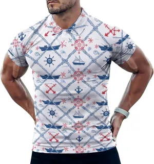 Nautical Theme Mens Polo Shirts Quick Dry Short Sleeve Golf Slim Fit T Shirt