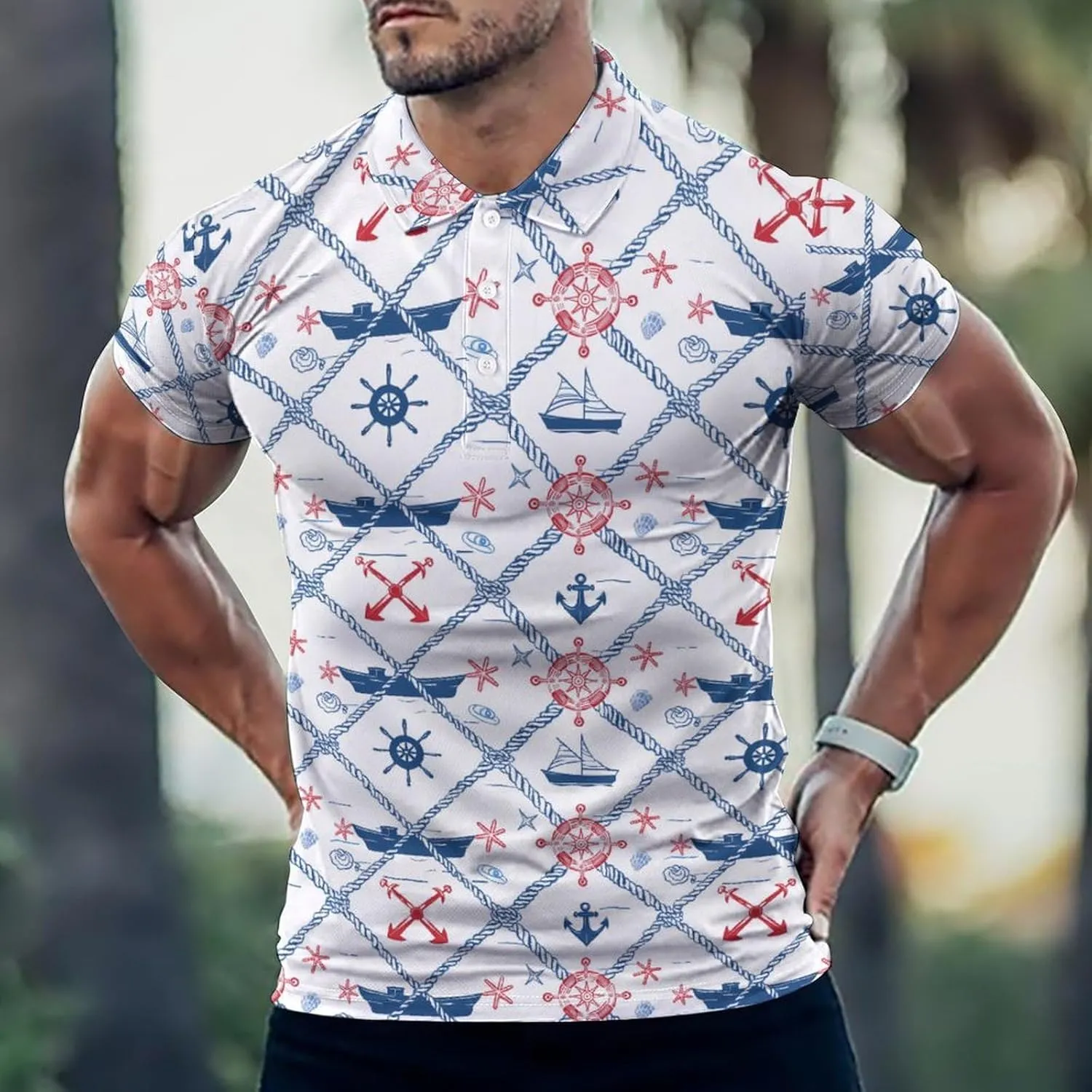 Nautical Theme Mens Polo Shirts Quick Dry Short Sleeve Golf Slim Fit T Shirt