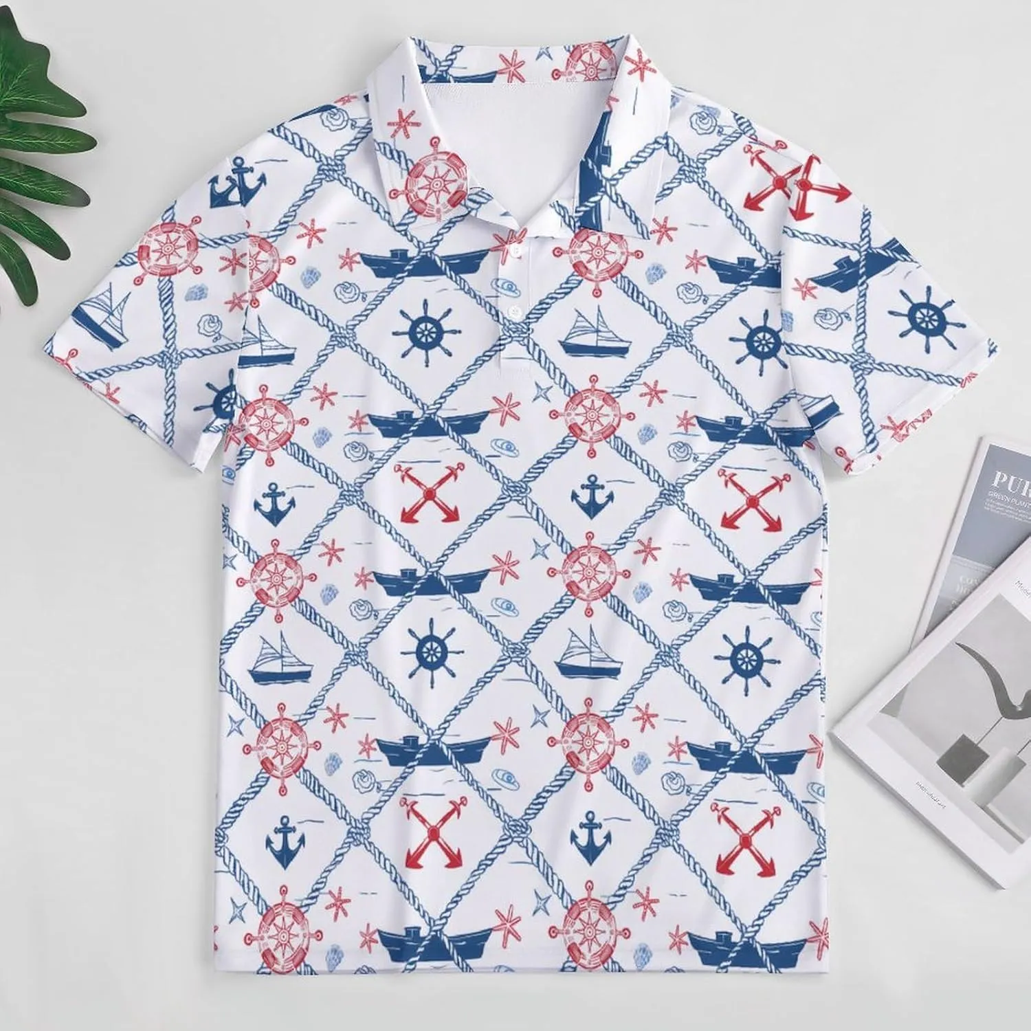 Nautical Theme Mens Polo Shirts Quick Dry Short Sleeve Golf Slim Fit T Shirt