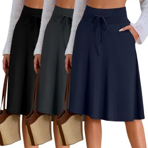 Neer 3 Pack Women's Knee Length Midi Skirts, Flowy Flared High Waisted A-Line Casual Drawstring Summer Skirts with Pockets