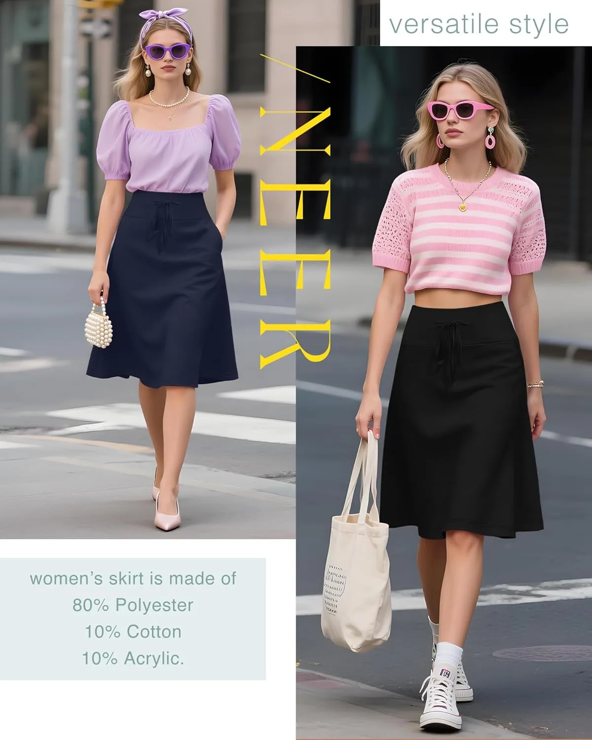 Neer 3 Pack Women's Knee Length Midi Skirts, Flowy Flared High Waisted A-Line Casual Drawstring Summer Skirts with Pockets