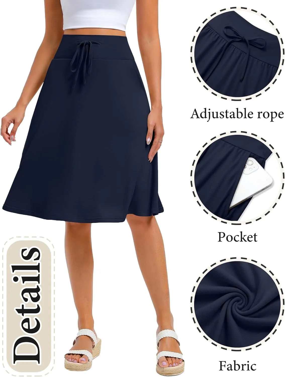 Neer 3 Pack Women's Knee Length Midi Skirts, Flowy Flared High Waisted A-Line Casual Drawstring Summer Skirts with Pockets