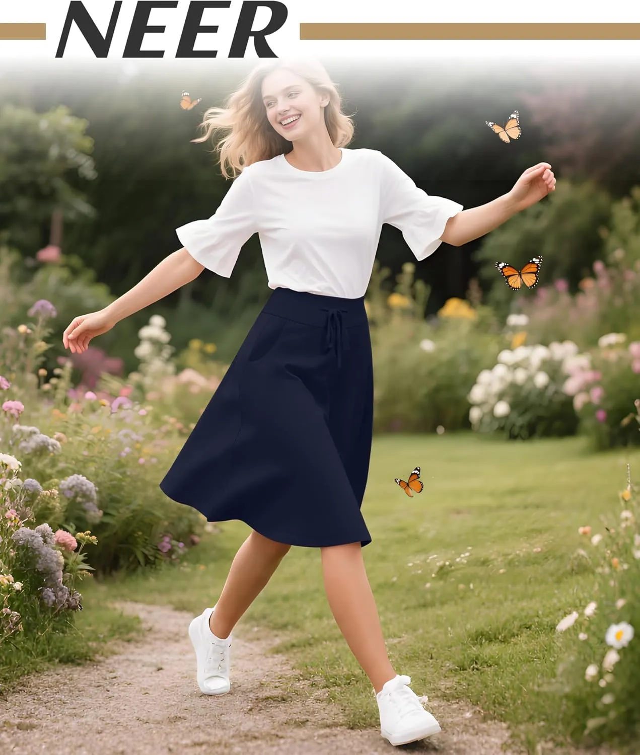 Neer 3 Pack Women's Knee Length Midi Skirts, Flowy Flared High Waisted A-Line Casual Drawstring Summer Skirts with Pockets