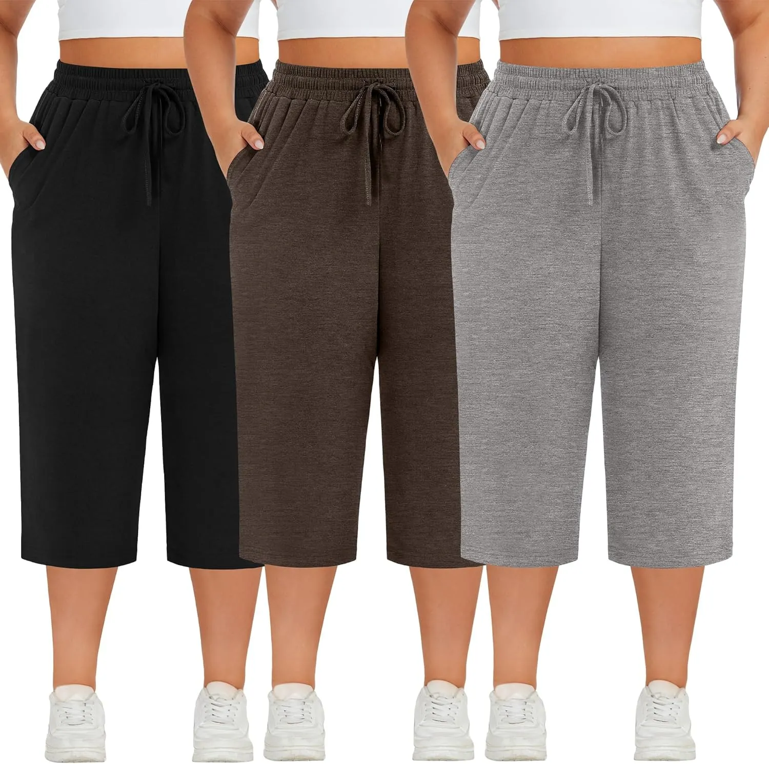 Neer 3 Pack Women's Plus Size Cotton Capris, Stretchy Wide Leg Cropped Pants with Pockets Loose Fit Lounge Pajama Sweatpants
