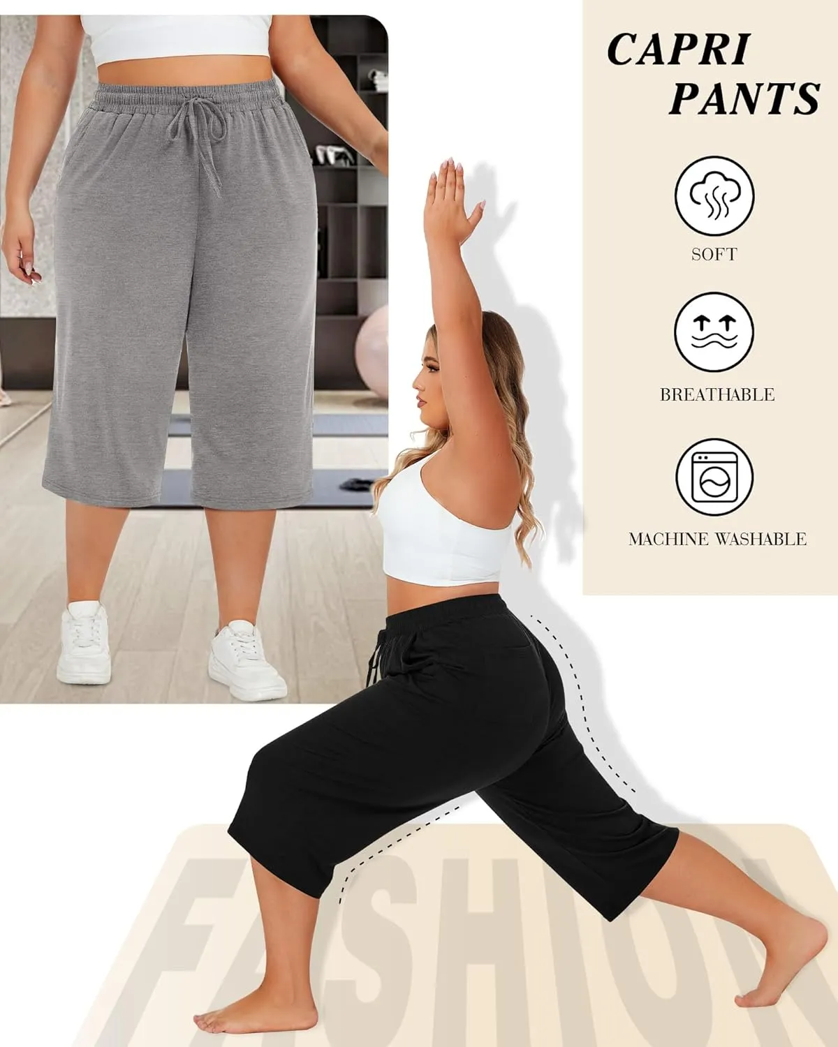 Neer 3 Pack Women's Plus Size Cotton Capris, Stretchy Wide Leg Cropped Pants with Pockets Loose Fit Lounge Pajama Sweatpants