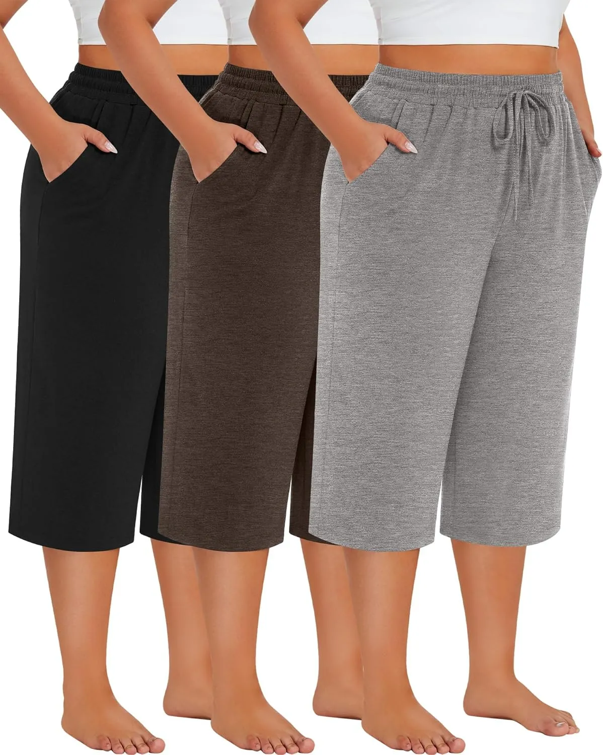 Neer 3 Pack Women's Plus Size Cotton Capris, Stretchy Wide Leg Cropped Pants with Pockets Loose Fit Lounge Pajama Sweatpants