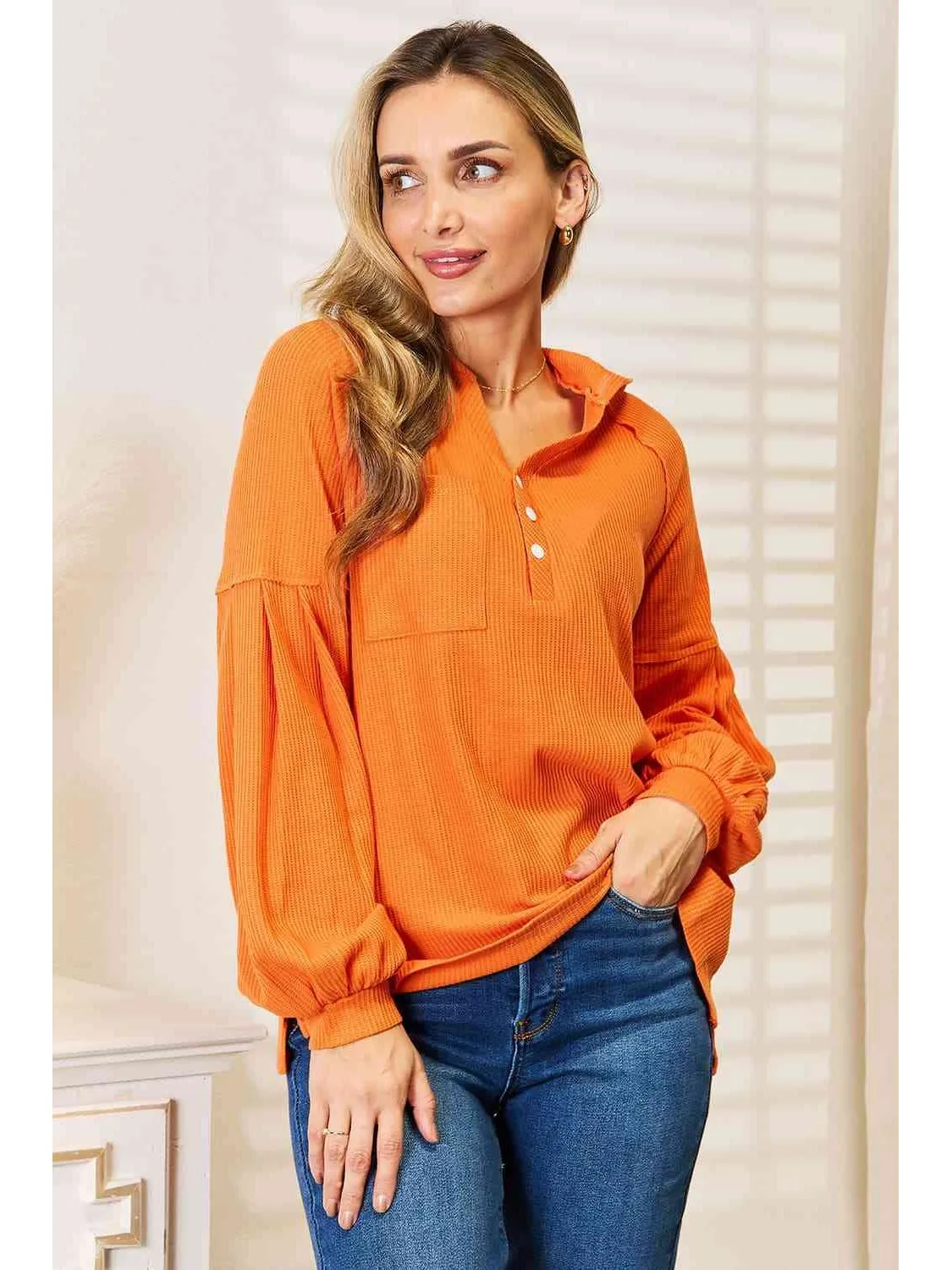 NicholesGifts Women Basic Bae Side Slit Buttoned Waffle Knit Hoodie