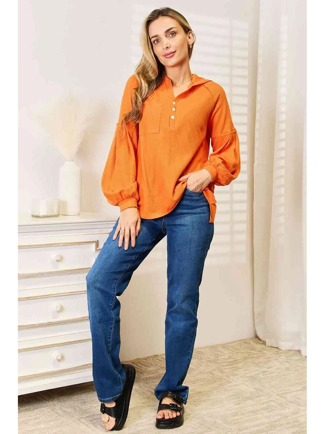 NicholesGifts Women Basic Bae Side Slit Buttoned Waffle Knit Hoodie