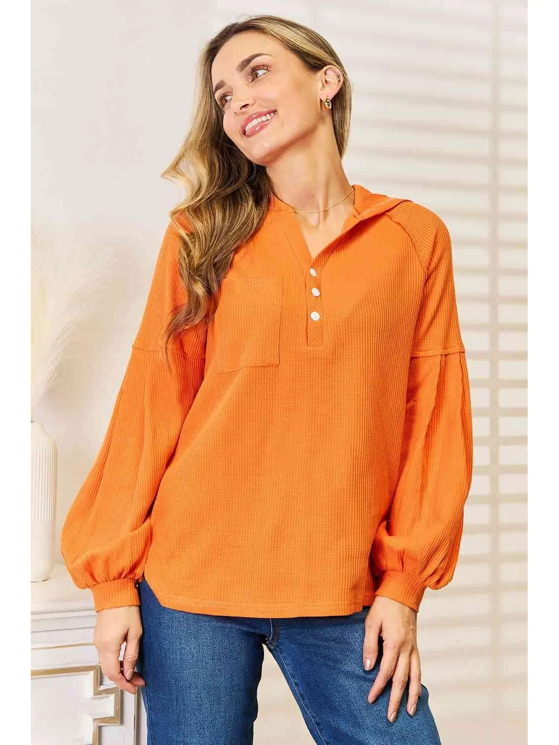 NicholesGifts Women Basic Bae Side Slit Buttoned Waffle Knit Hoodie