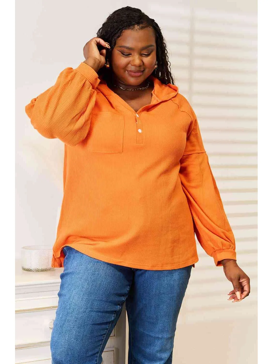 NicholesGifts Women Basic Bae Side Slit Buttoned Waffle Knit Hoodie