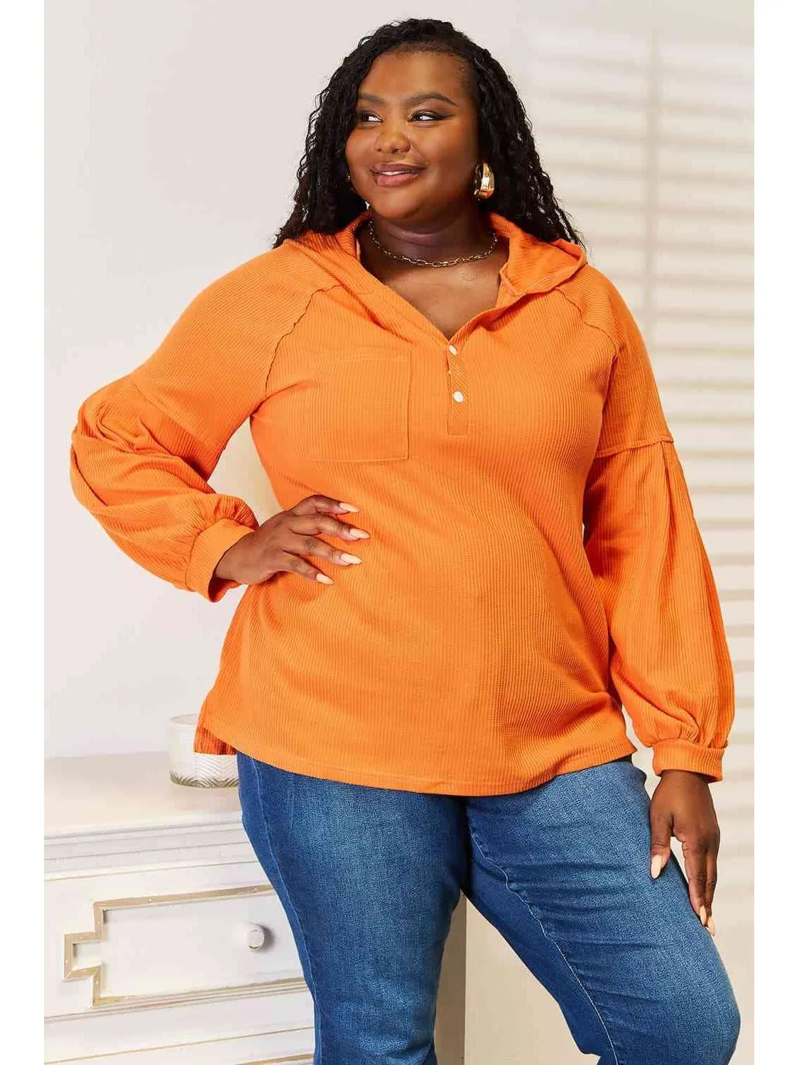 NicholesGifts Women Basic Bae Side Slit Buttoned Waffle Knit Hoodie