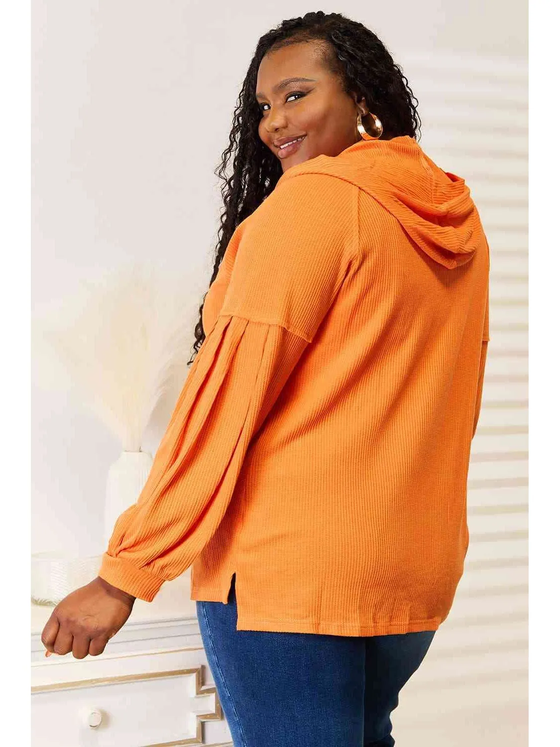 NicholesGifts Women Basic Bae Side Slit Buttoned Waffle Knit Hoodie