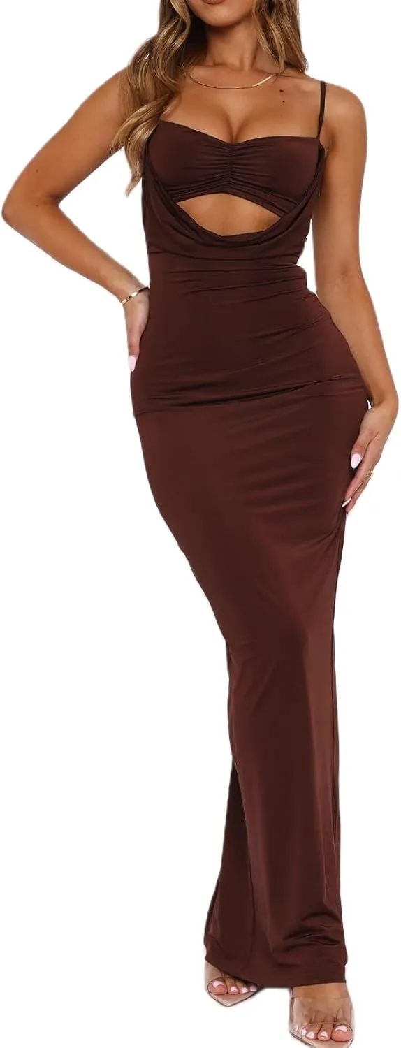 NUFIWI Women Sexy Cutout Long Dress Spaghetti Strap Ruched Bodycon Maxi Dress Backless Hollow Cocktail Dresses